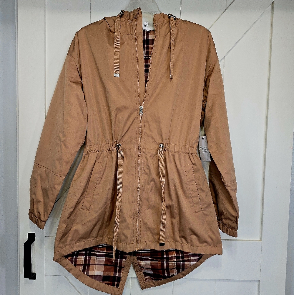 Time and Tru Tan Wind Breaker with Plaid Lining New